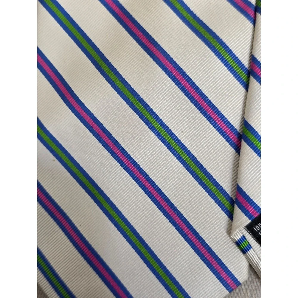 Rooster‎ Mens Silk Necktie White Blue Green Pink Striped Classic Tie